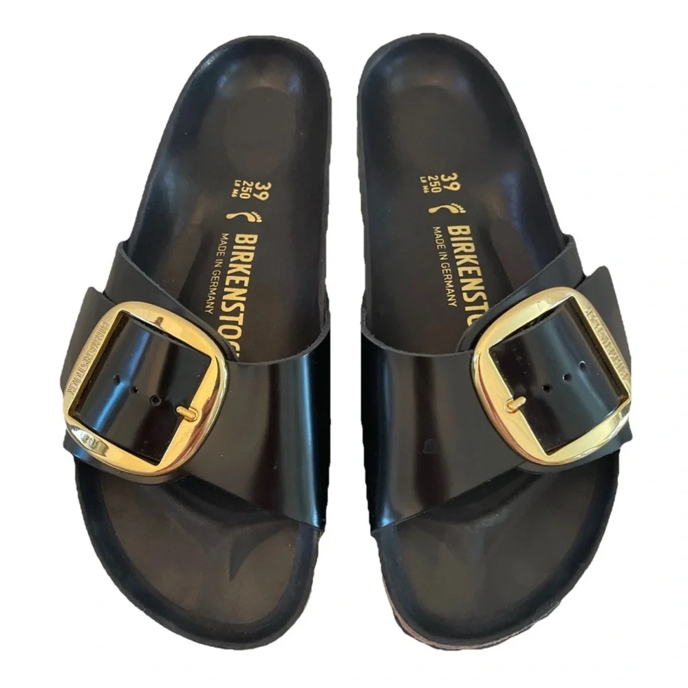 Birkenstock Madrid High Shine Big Buckle Black Slide Sandal Gold Size 39/US 8 - Picture 2 of 12